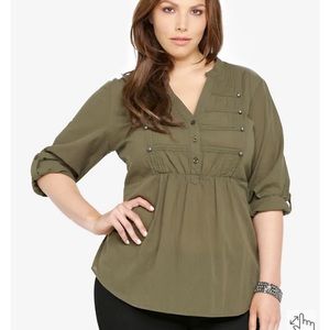 TORRID OLIVE GREEN MANDARIN COLLAR MILITARY TOP SIZE 3